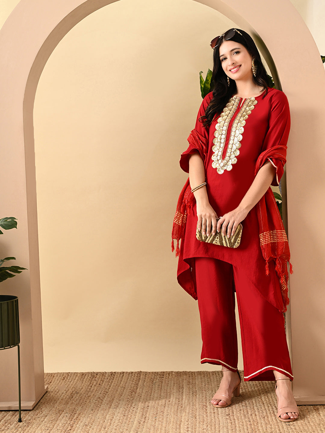 Myshka Women's Embroidered Keyhole Neck Bell Sleeves Kurta & Palazzos Set With Dupattas In Red Colour | Grocsy