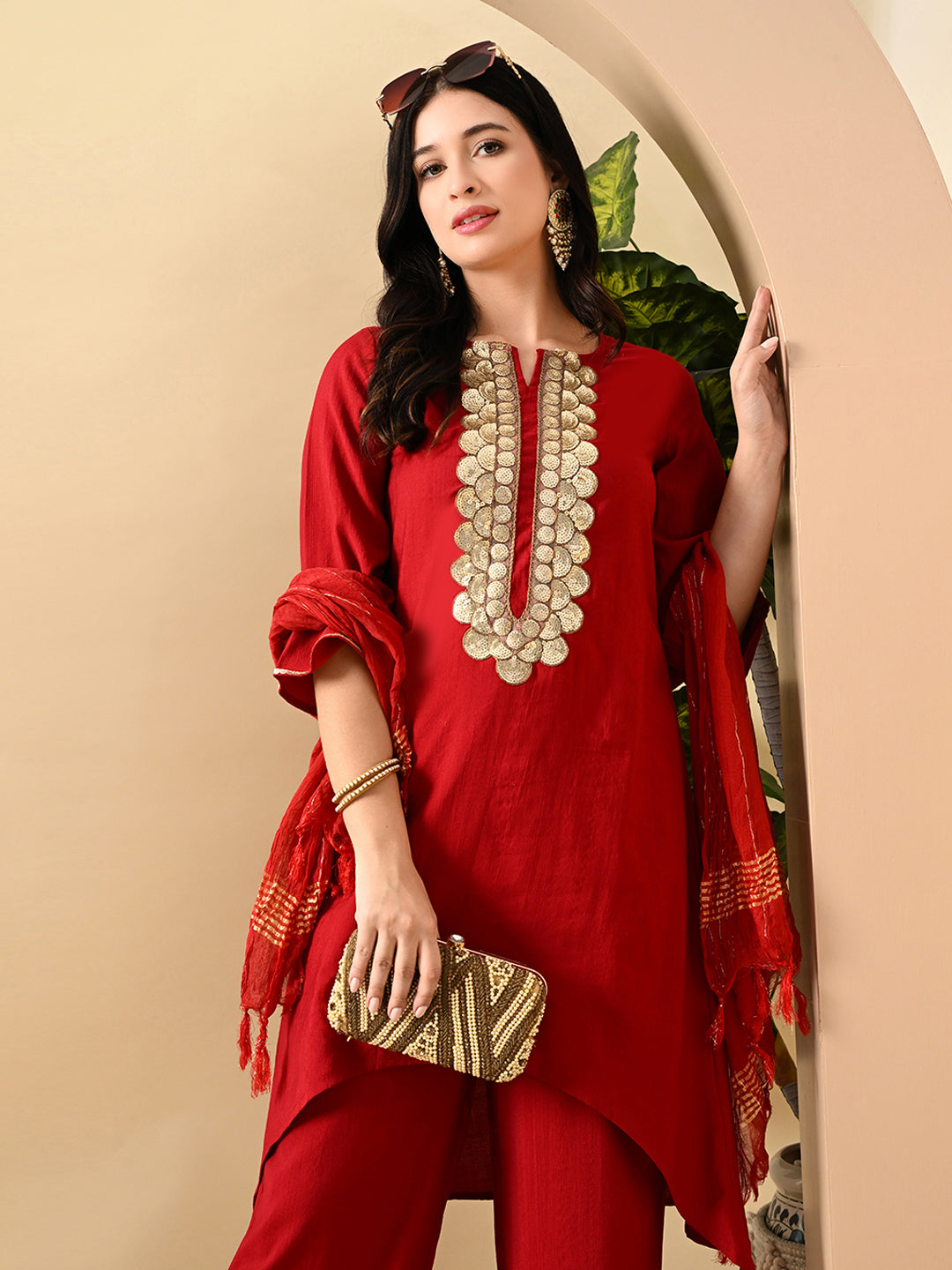 Myshka Women's Embroidered Keyhole Neck Bell Sleeves Kurta & Palazzos Set With Dupattas In Red Colour | Grocsy