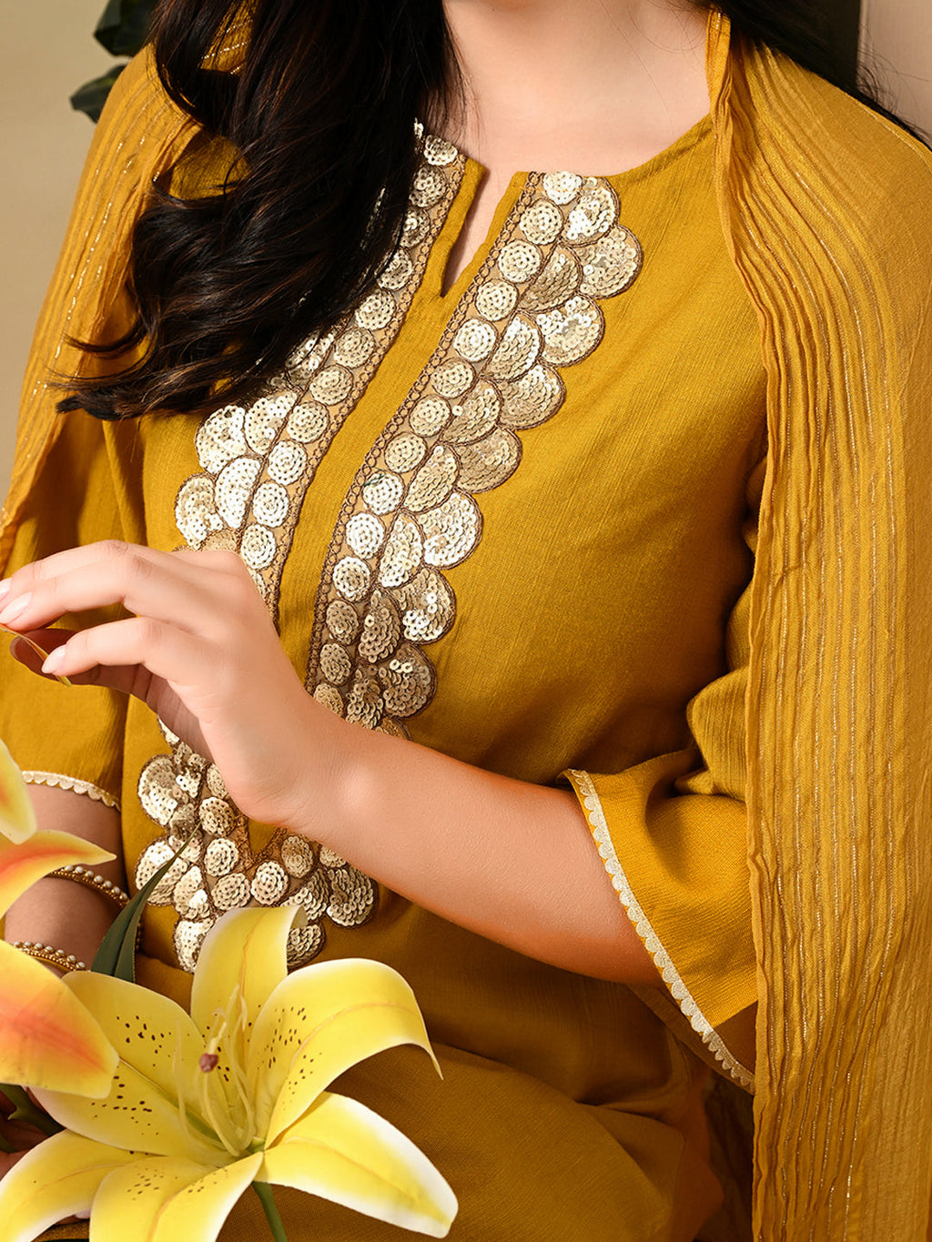 Myshka Women's Embroidered Keyhole Neck Bell Sleeves Kurta & Palazzos Set With Dupattas In Mustard Colour | Grocsy