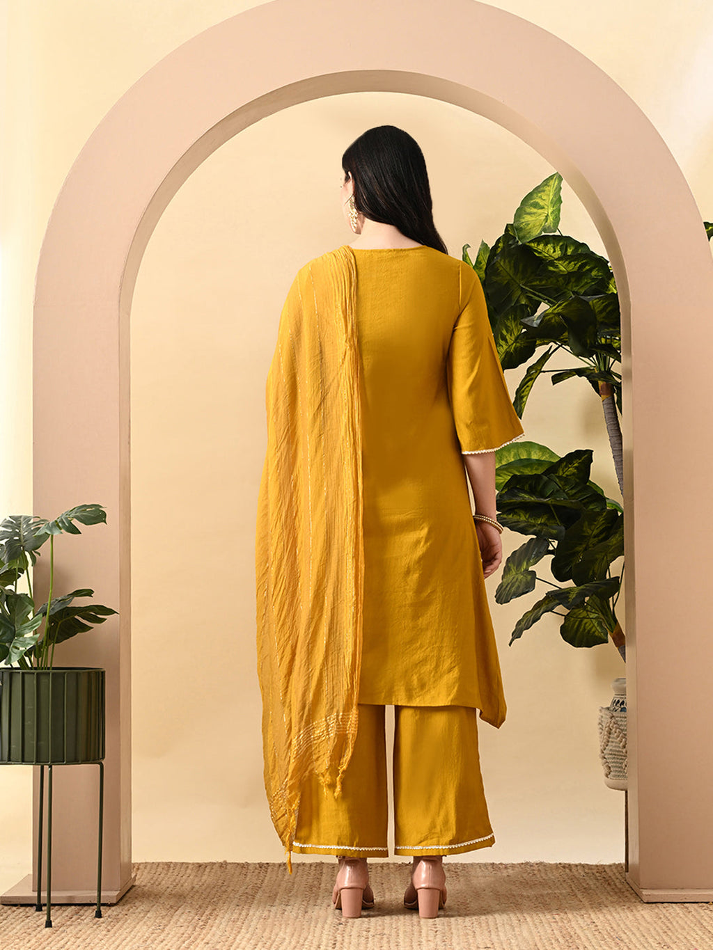 Myshka Women's Embroidered Keyhole Neck Bell Sleeves Kurta & Palazzos Set With Dupattas In Mustard Colour | Grocsy