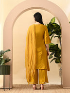 Myshka Women's Embroidered Keyhole Neck Bell Sleeves Kurta & Palazzos Set With Dupattas In Mustard Colour | Grocsy
