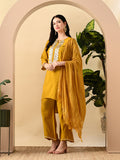 Myshka Women's Embroidered Keyhole Neck Bell Sleeves Kurta & Palazzos Set With Dupattas In Mustard Colour | Grocsy