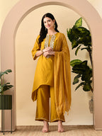 Myshka Women's Embroidered Keyhole Neck Bell Sleeves Kurta & Palazzos Set With Dupattas In Mustard Colour | Grocsy