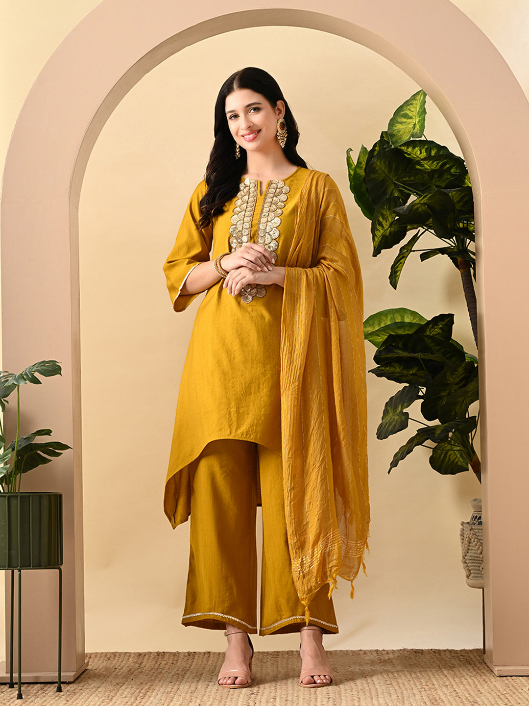 Myshka Women's Embroidered Keyhole Neck Bell Sleeves Kurta & Palazzos Set With Dupattas In Mustard Colour | Grocsy