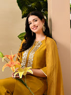 Myshka Women's Embroidered Keyhole Neck Bell Sleeves Kurta & Palazzos Set With Dupattas In Mustard Colour | Grocsy