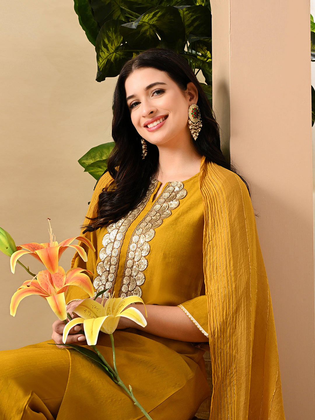 Myshka Women's Embroidered Keyhole Neck Bell Sleeves Kurta & Palazzos Set With Dupattas In Mustard Colour | Grocsy