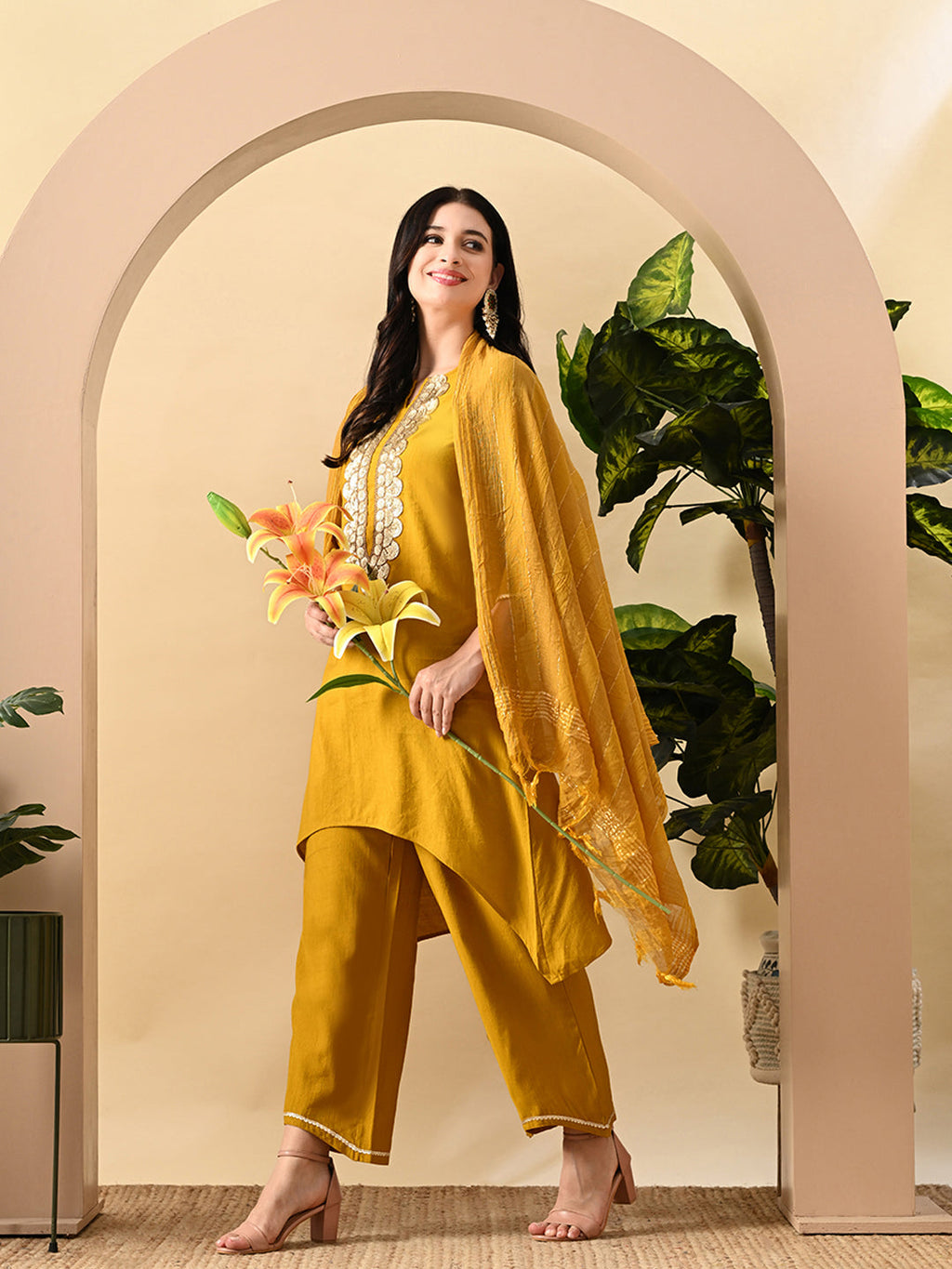 Myshka Women's Embroidered Keyhole Neck Bell Sleeves Kurta & Palazzos Set With Dupattas In Mustard Colour | Grocsy
