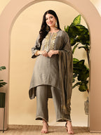 Myshka Women's Embroidered Keyhole Neck Bell Sleeves Kurta & Palazzos Set With Dupattas In Grey Colour | Grocsy