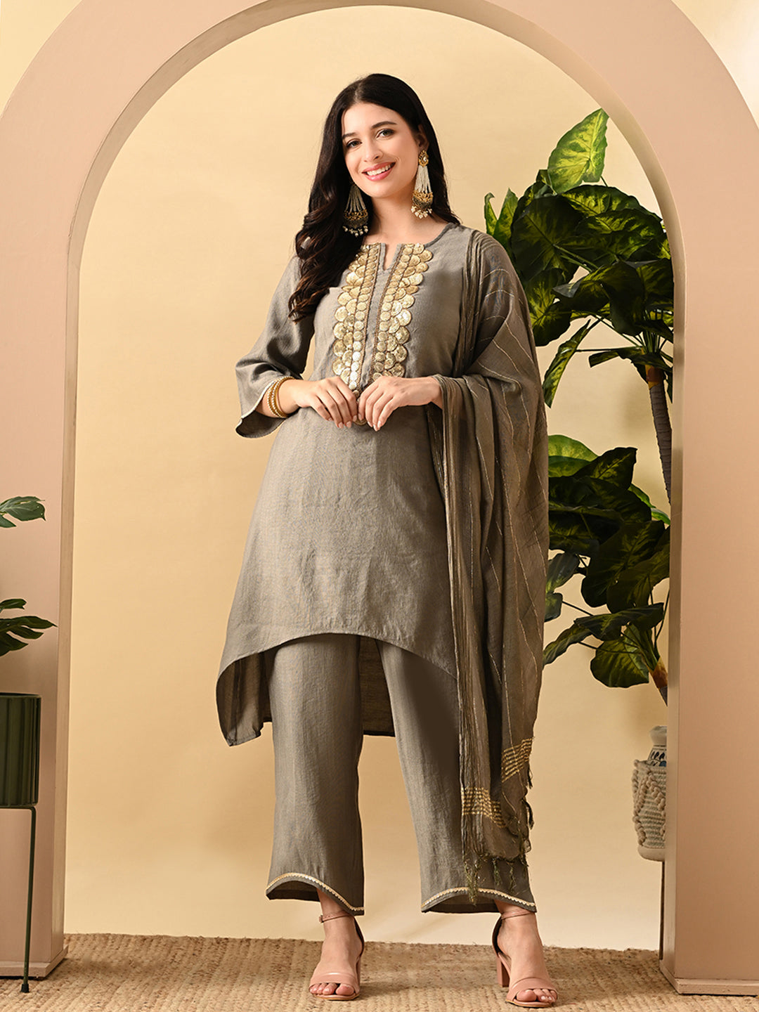 Myshka Women's Embroidered Keyhole Neck Bell Sleeves Kurta & Palazzos Set With Dupattas In Grey Colour | Grocsy