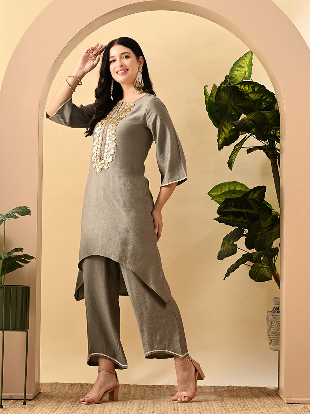 Myshka Women's Embroidered Keyhole Neck Bell Sleeves Kurta & Palazzos Set With Dupattas In Grey Colour | Grocsy