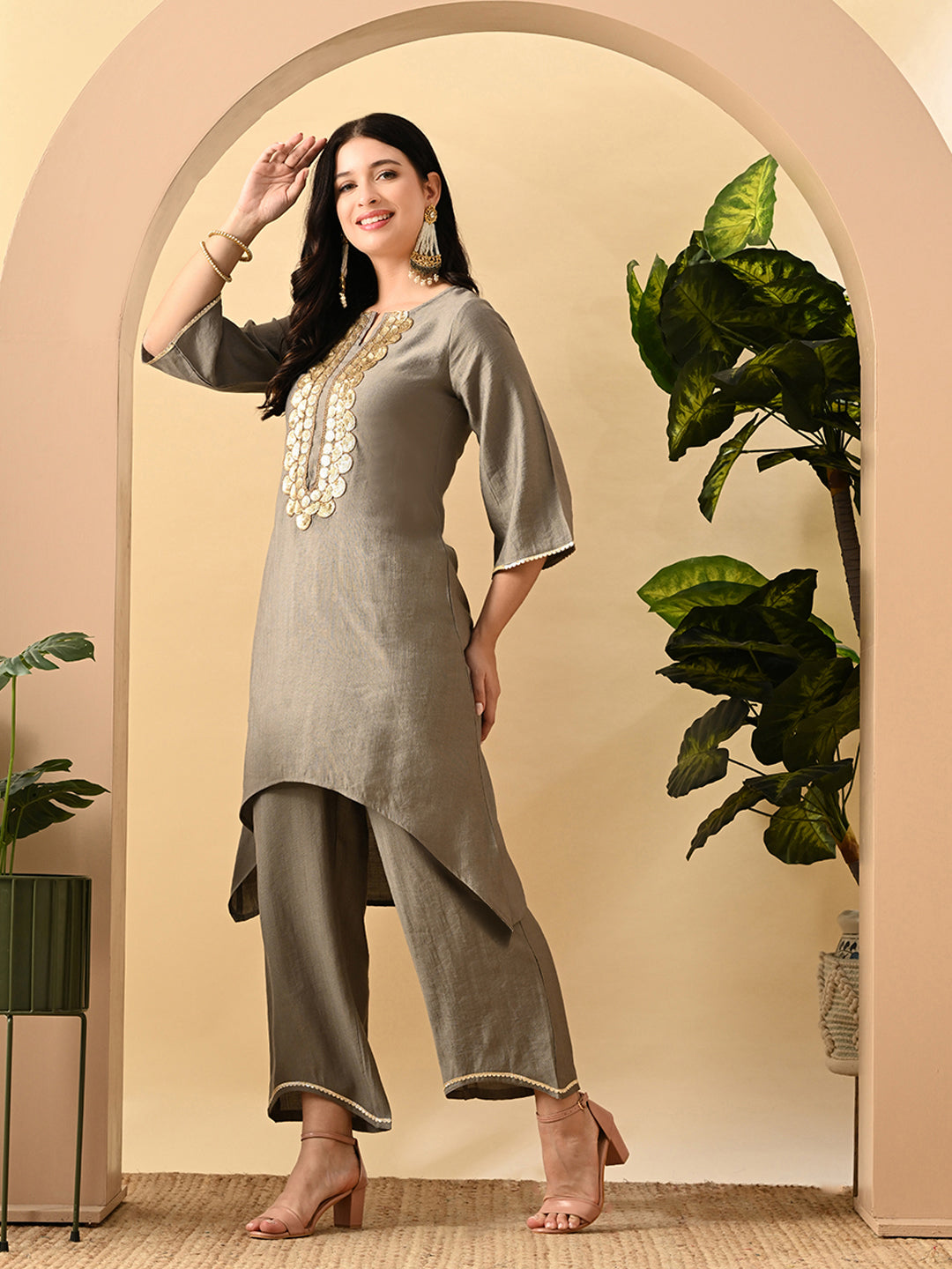 Myshka Women's Embroidered Keyhole Neck Bell Sleeves Kurta & Palazzos Set With Dupattas In Grey Colour | Grocsy