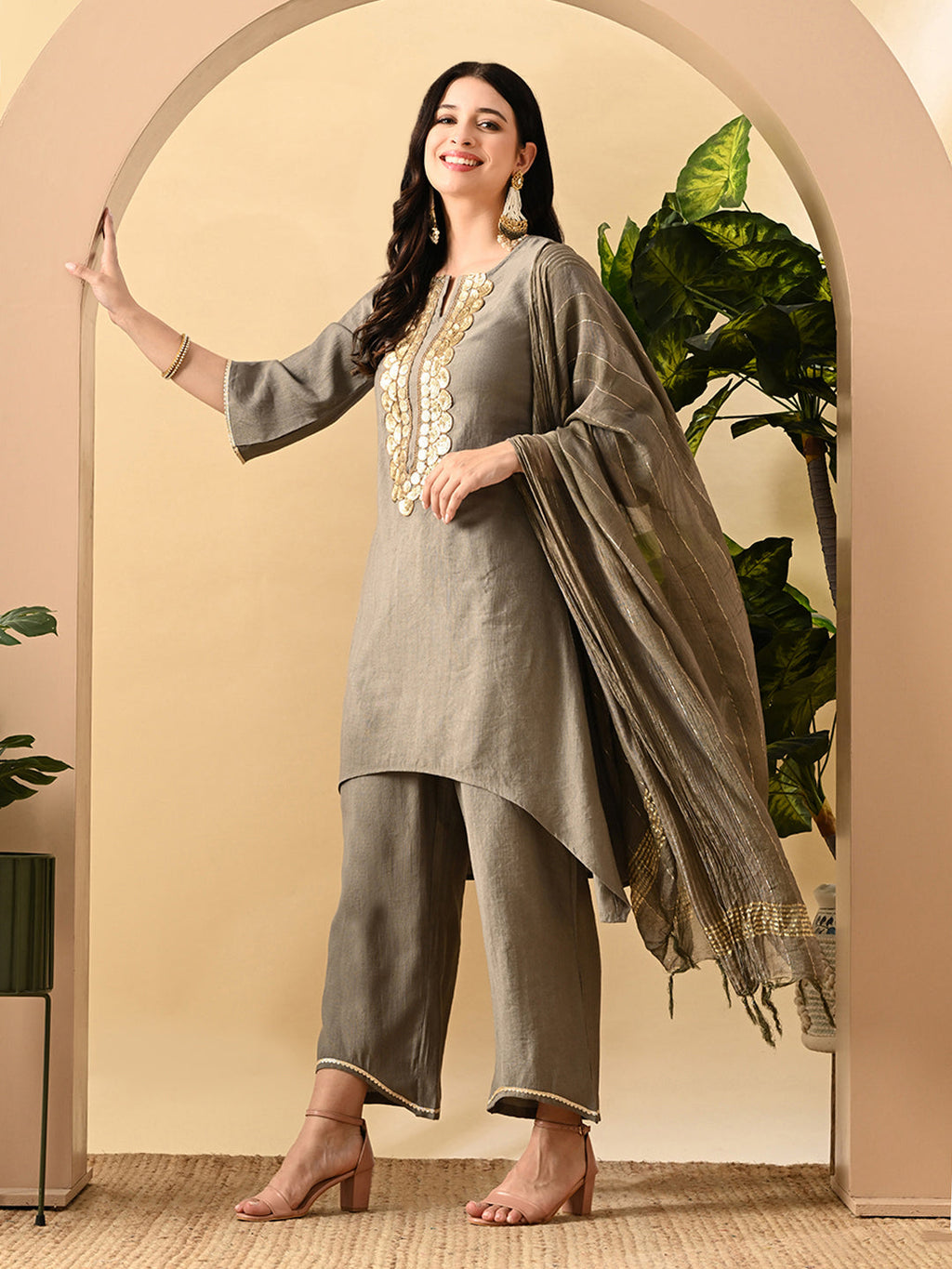 Myshka Women's Embroidered Keyhole Neck Bell Sleeves Kurta & Palazzos Set With Dupattas In Grey Colour | Grocsy