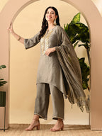 Myshka Women's Embroidered Keyhole Neck Bell Sleeves Kurta & Palazzos Set With Dupattas In Grey Colour | Grocsy