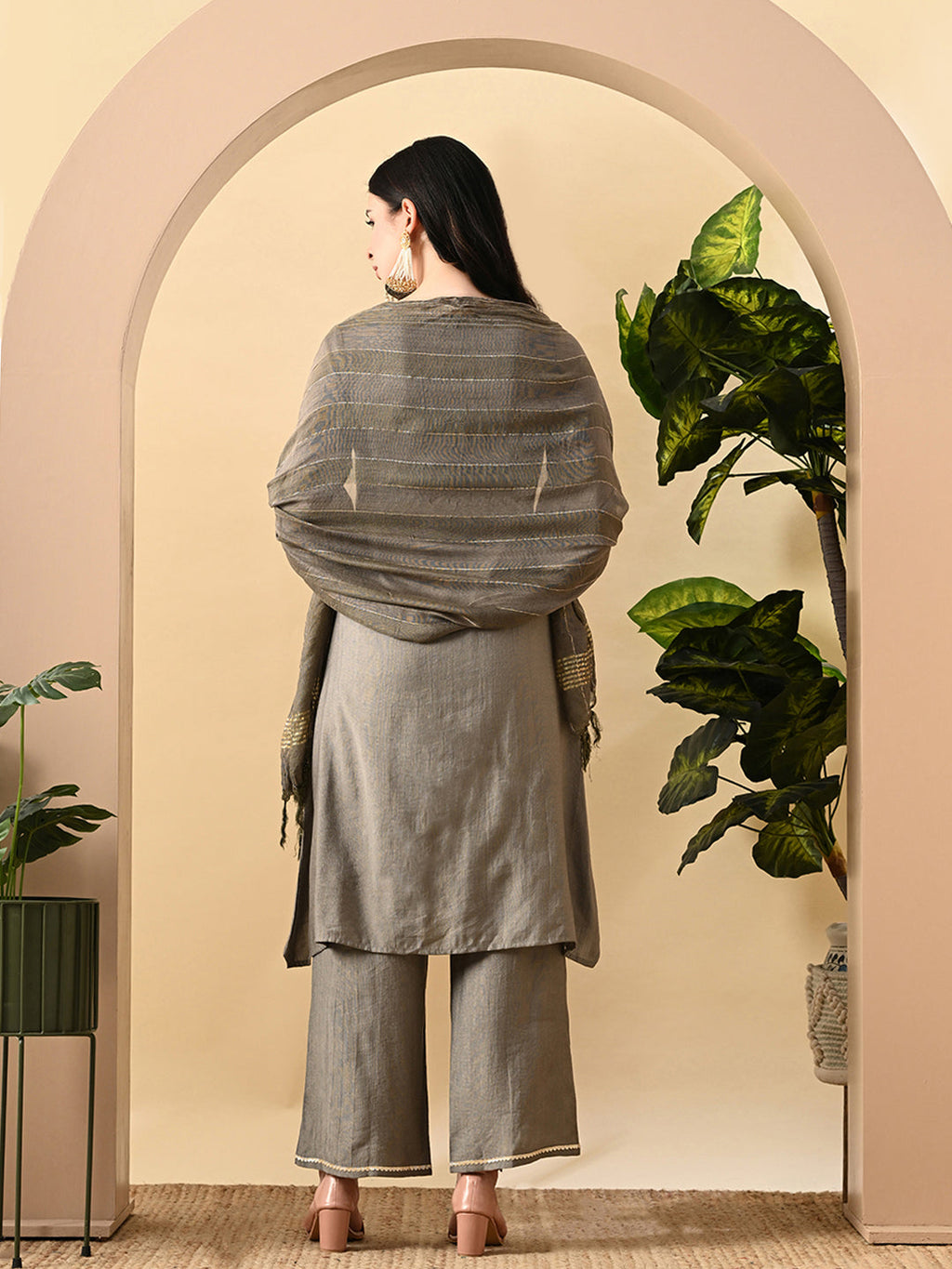 Myshka Women's Embroidered Keyhole Neck Bell Sleeves Kurta & Palazzos Set With Dupattas In Grey Colour | Grocsy
