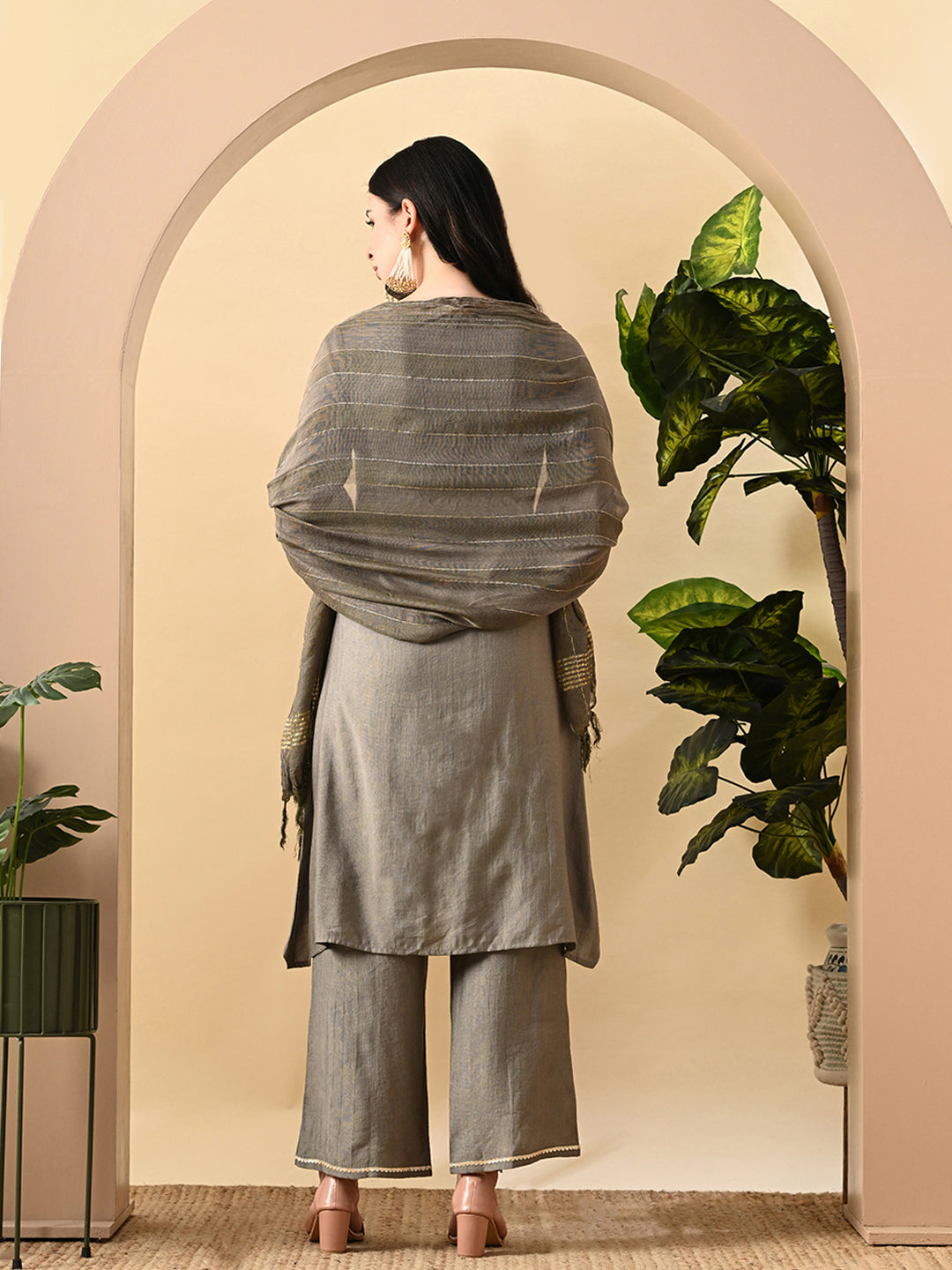 Myshka Women's Embroidered Keyhole Neck Bell Sleeves Kurta & Palazzos Set With Dupattas In Grey Colour | Grocsy
