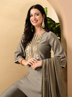 Myshka Women's Embroidered Keyhole Neck Bell Sleeves Kurta & Palazzos Set With Dupattas In Grey Colour | Grocsy