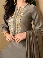 Myshka Women's Embroidered Keyhole Neck Bell Sleeves Kurta & Palazzos Set With Dupattas In Grey Colour | Grocsy