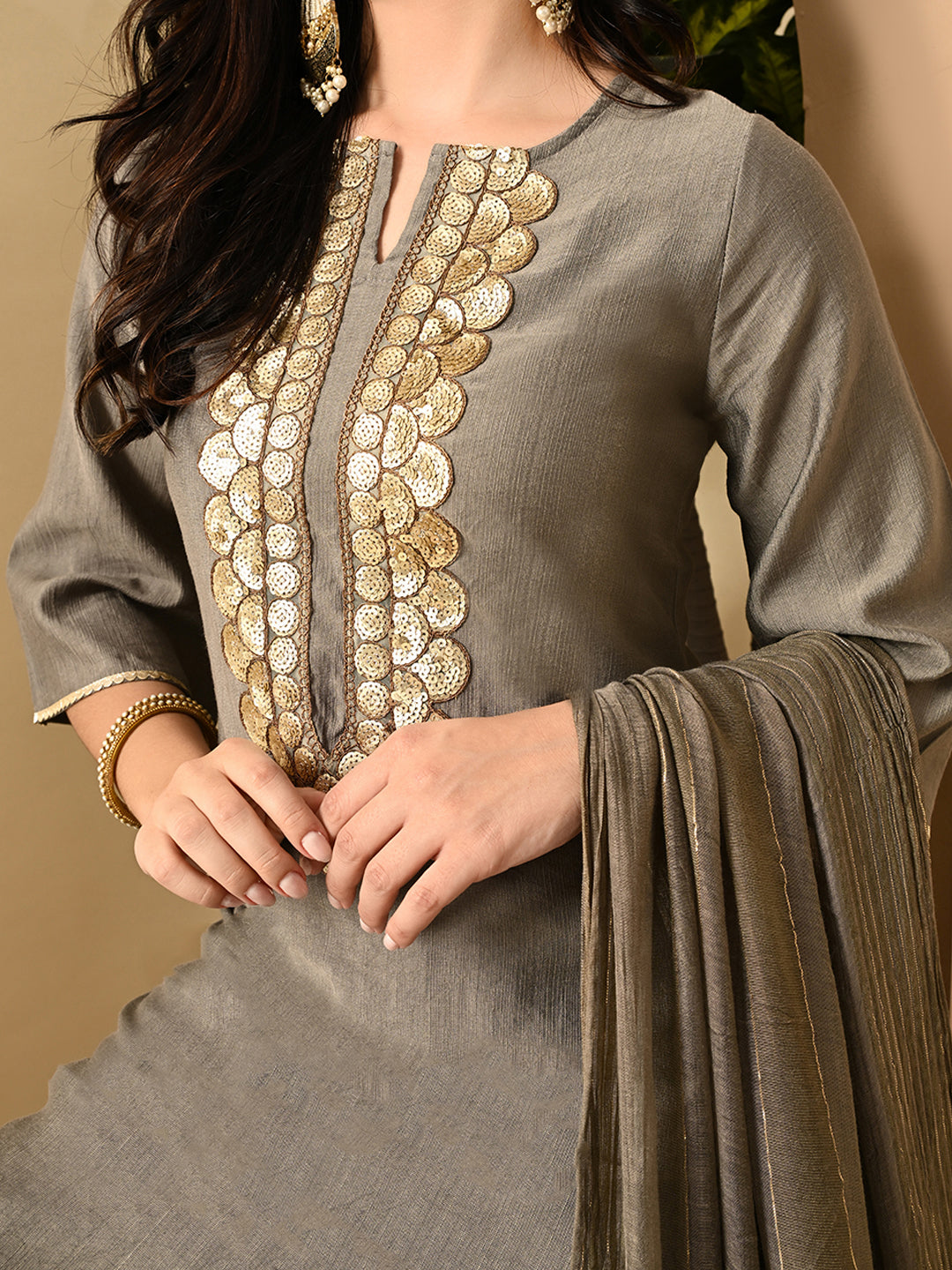 Myshka Women's Embroidered Keyhole Neck Bell Sleeves Kurta & Palazzos Set With Dupattas In Grey Colour | Grocsy