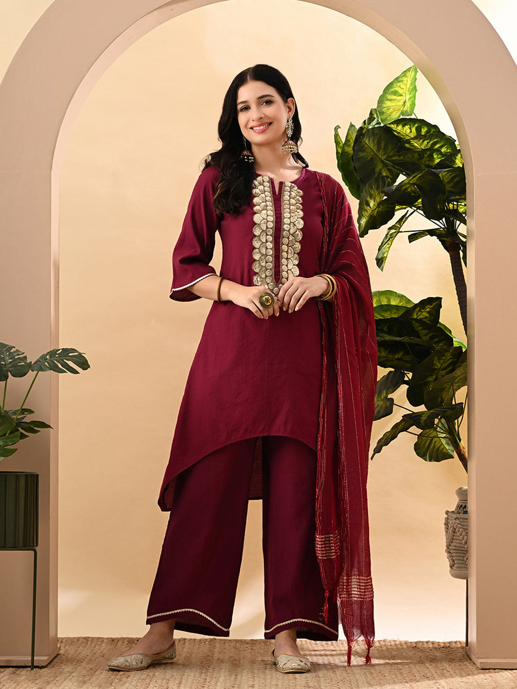 Myshka Women's Embroidered Keyhole Neck Bell Sleeves Kurta & Palazzos Set With Dupattas In Magenta Colour | Grocsy