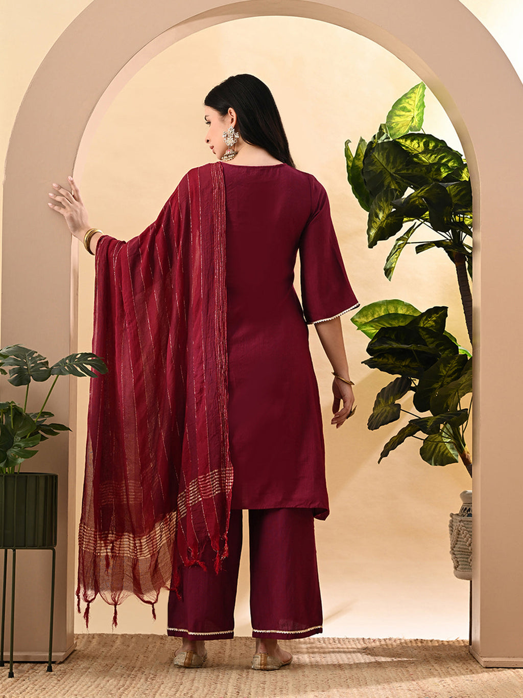 Myshka Women's Embroidered Keyhole Neck Bell Sleeves Kurta & Palazzos Set With Dupattas In Magenta Colour | Grocsy