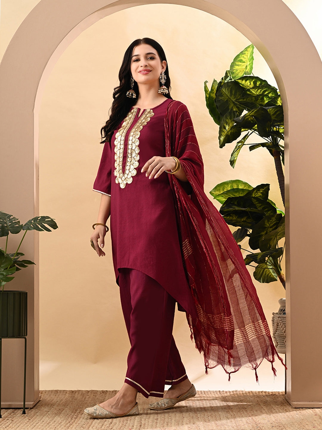 Myshka Women's Embroidered Keyhole Neck Bell Sleeves Kurta & Palazzos Set With Dupattas In Magenta Colour | Grocsy