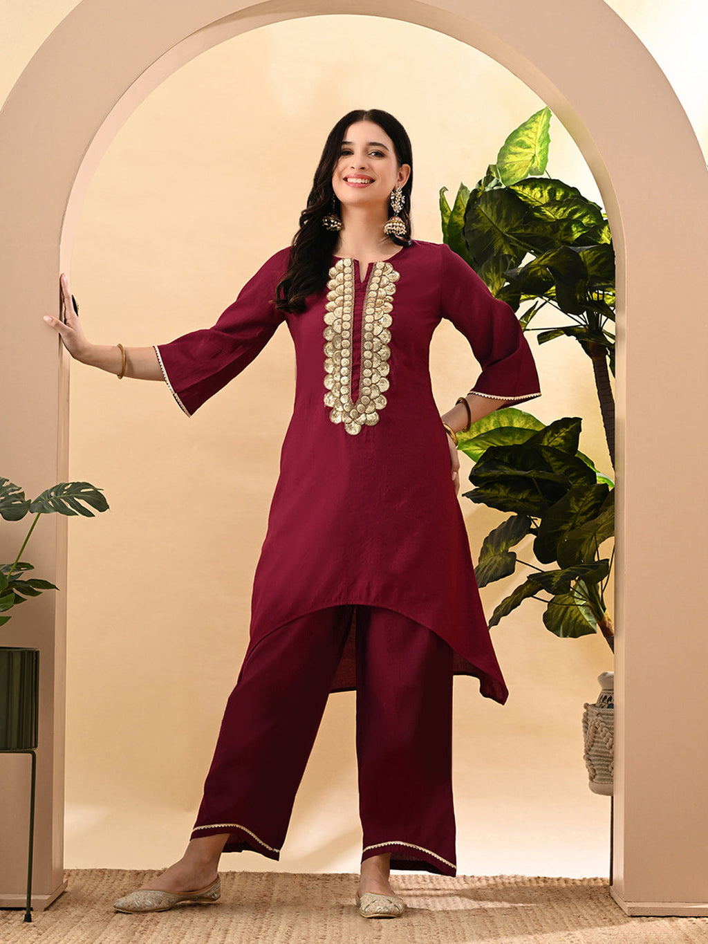 Myshka Women's Embroidered Keyhole Neck Bell Sleeves Kurta & Palazzos Set With Dupattas In Magenta Colour | Grocsy