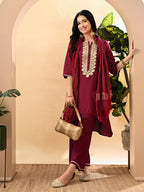 Myshka Women's Embroidered Keyhole Neck Bell Sleeves Kurta & Palazzos Set With Dupattas In Magenta Colour | Grocsy