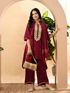 Myshka Women's Embroidered Keyhole Neck Bell Sleeves Kurta & Palazzos Set With Dupattas In Magenta Colour | Grocsy