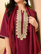 Myshka Women's Embroidered Keyhole Neck Bell Sleeves Kurta & Palazzos Set With Dupattas In Magenta Colour | Grocsy