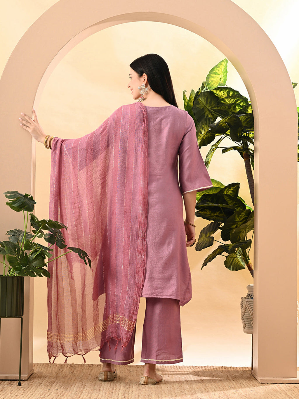Myshka Women's Embroidered Keyhole Neck Bell Sleeves Kurta & Palazzos Set With Dupattas In Lavender Colour | Grocsy