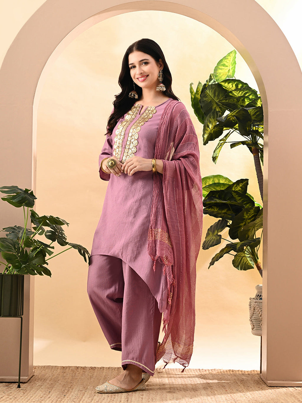 Myshka Women's Embroidered Keyhole Neck Bell Sleeves Kurta & Palazzos Set With Dupattas In Lavender Colour | Grocsy