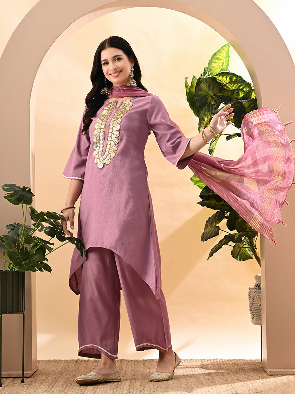 Myshka Women's Embroidered Keyhole Neck Bell Sleeves Kurta & Palazzos Set With Dupattas In Lavender Colour | Grocsy
