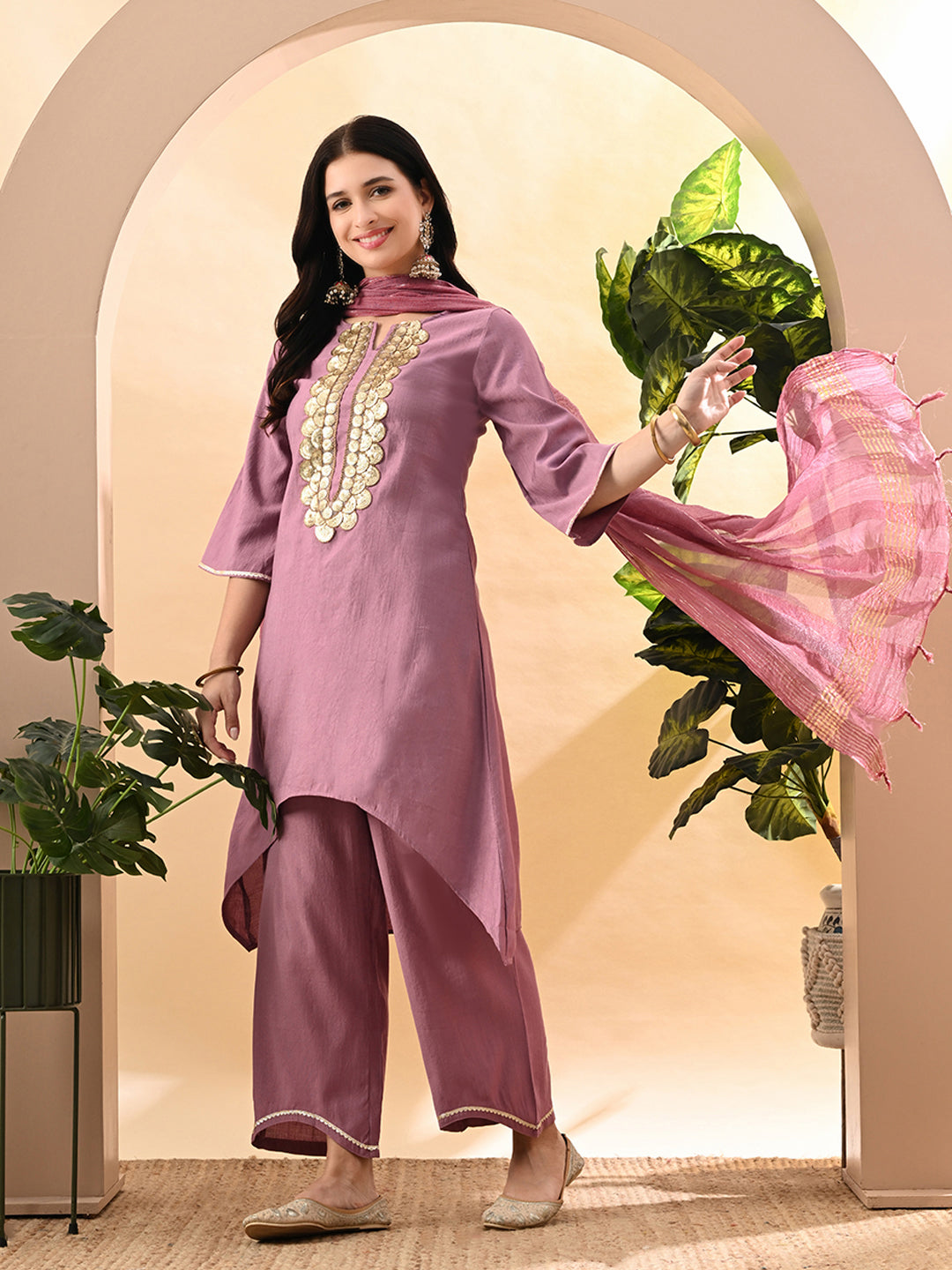 Myshka Women's Embroidered Keyhole Neck Bell Sleeves Kurta & Palazzos Set With Dupattas In Lavender Colour | Grocsy