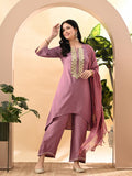 Myshka Women's Embroidered Keyhole Neck Bell Sleeves Kurta & Palazzos Set With Dupattas In Lavender Colour | Grocsy