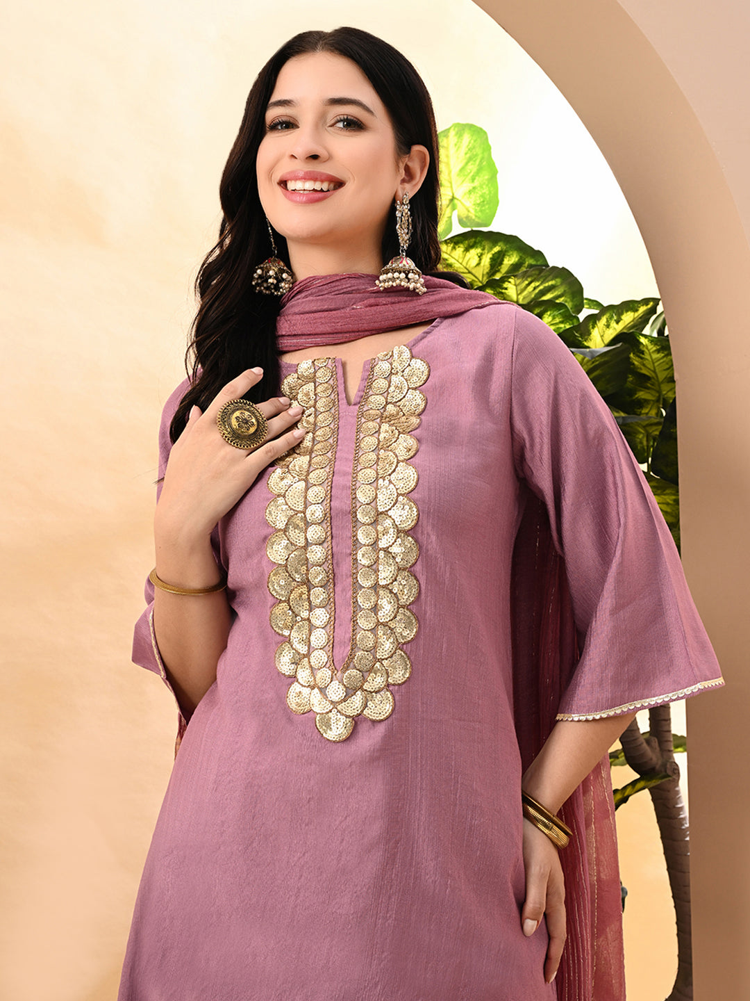 Myshka Women's Embroidered Keyhole Neck Bell Sleeves Kurta & Palazzos Set With Dupattas In Lavender Colour | Grocsy