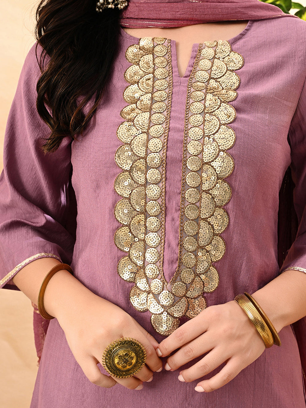 Myshka Women's Embroidered Keyhole Neck Bell Sleeves Kurta & Palazzos Set With Dupattas In Lavender Colour | Grocsy