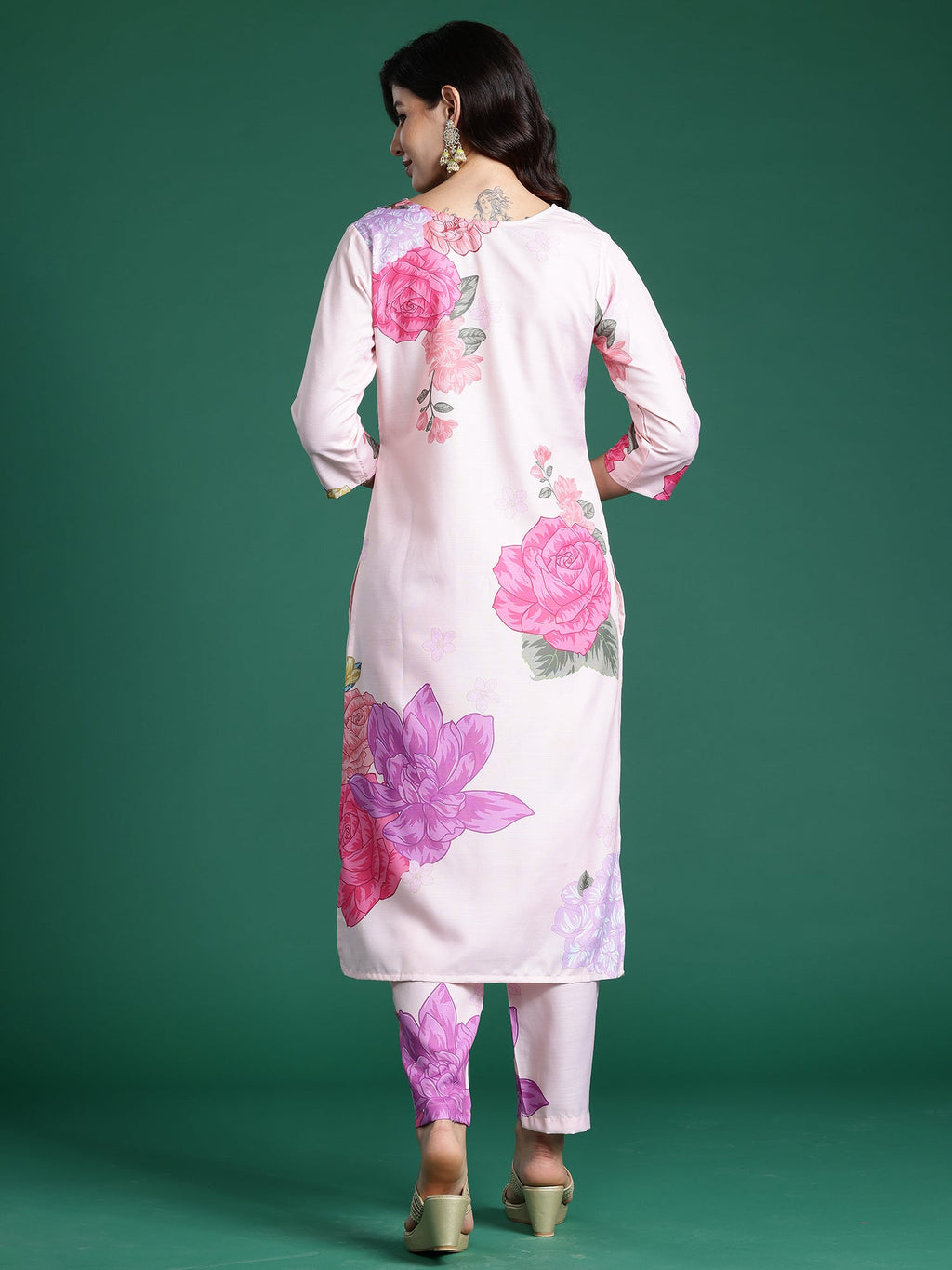 Indo Era Peach Printed Straight Kurta Trousers Set | Grocsy