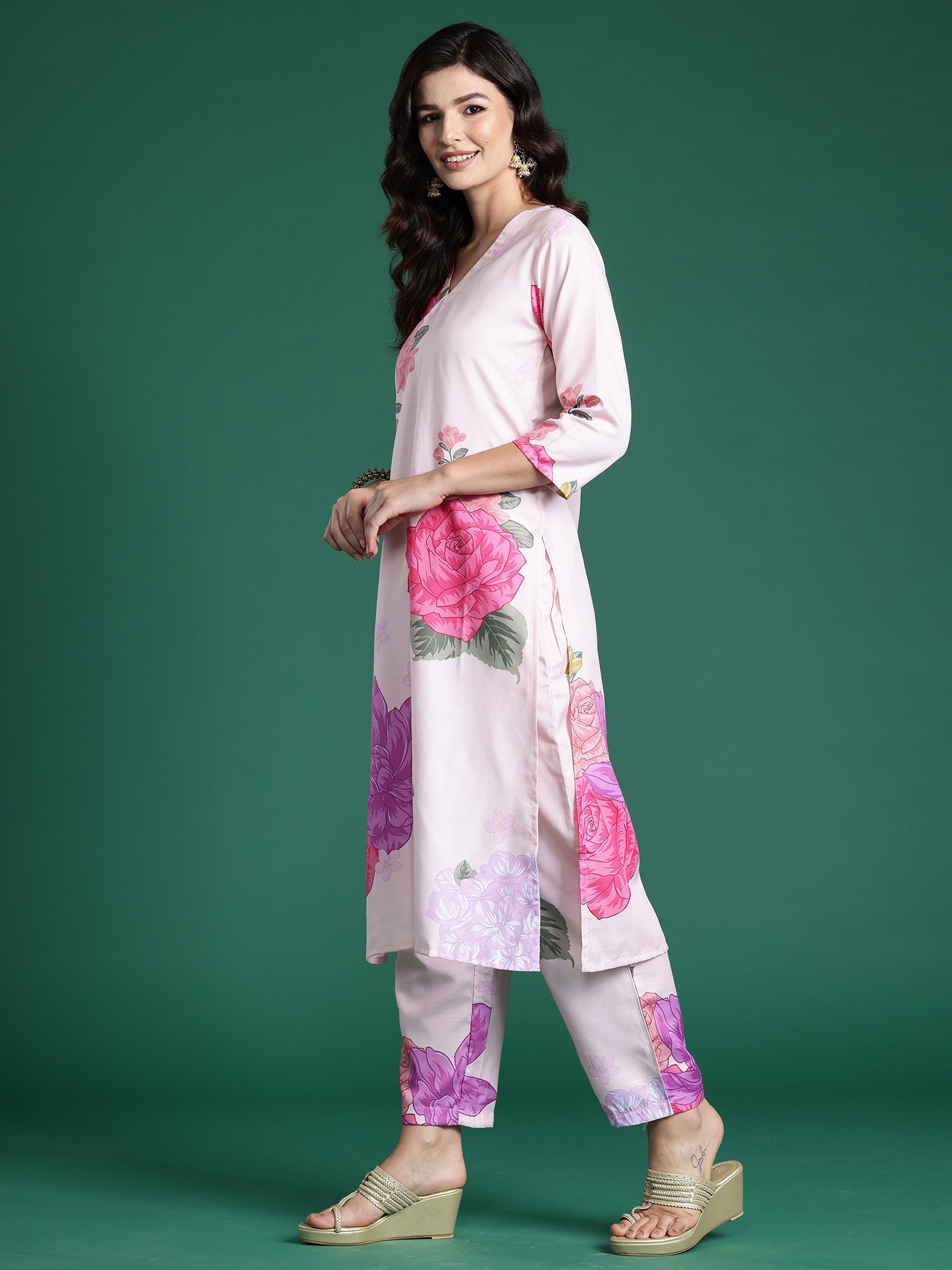 Indo Era Peach Printed Straight Kurta Trousers Set | Grocsy
