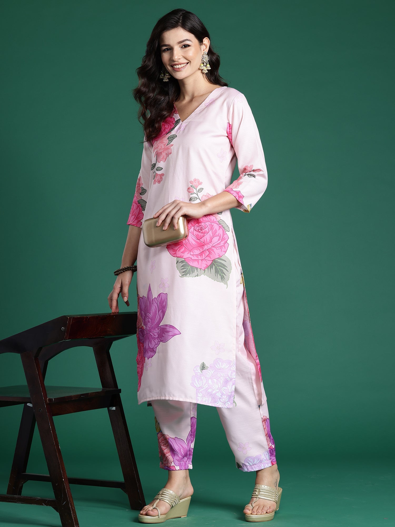 Indo Era Peach Printed Straight Kurta Trousers Set | Grocsy