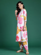 Indo Era White Printed Straight Kurta Trousers Set | Grocsy