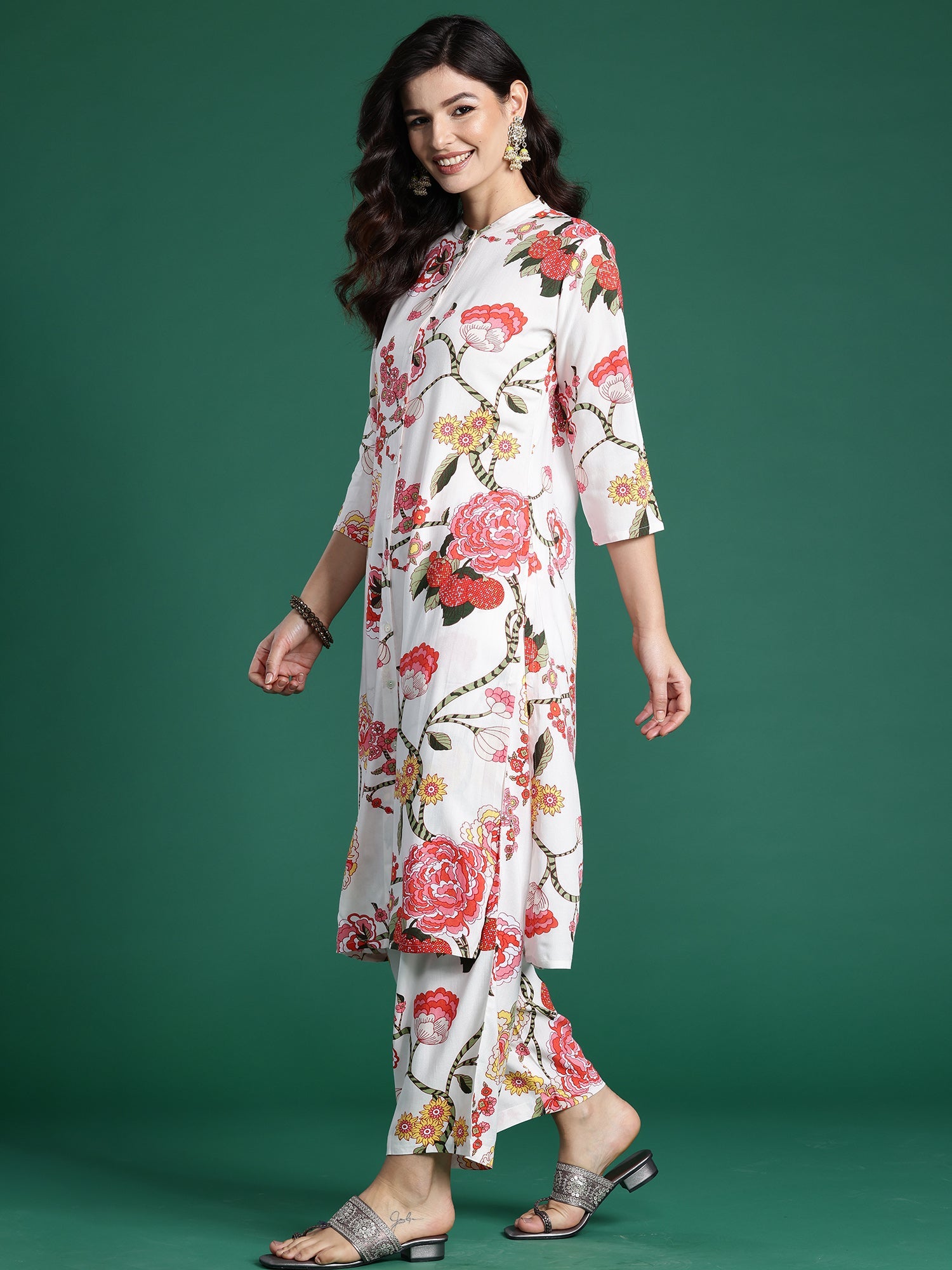 Indo Era White Printed Straight Kurta Palazzos Set | Grocsy