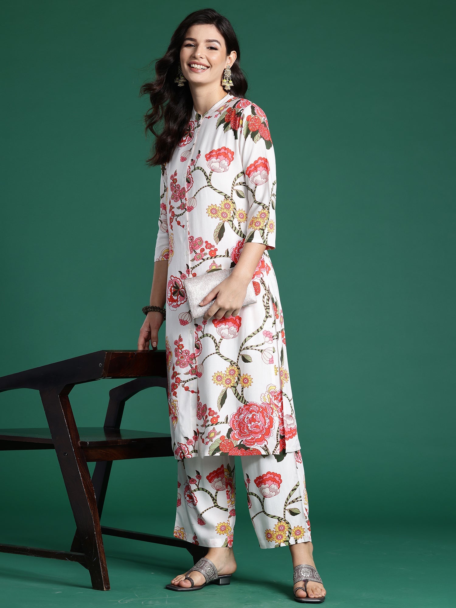 Indo Era White Printed Straight Kurta Palazzos Set | Grocsy