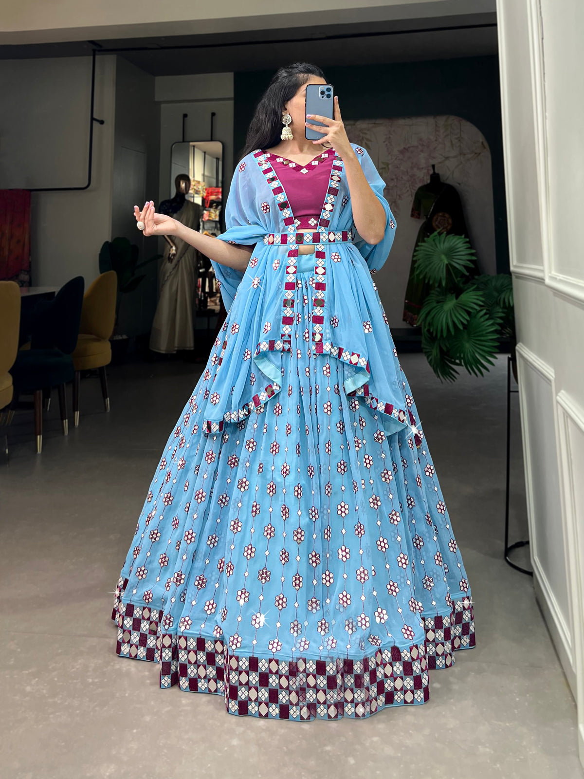 Lorenvalley Sky Blue Georgette Sequins and embroidery With Mirror Work Lehenga Choli with Dupatta | Grocsy