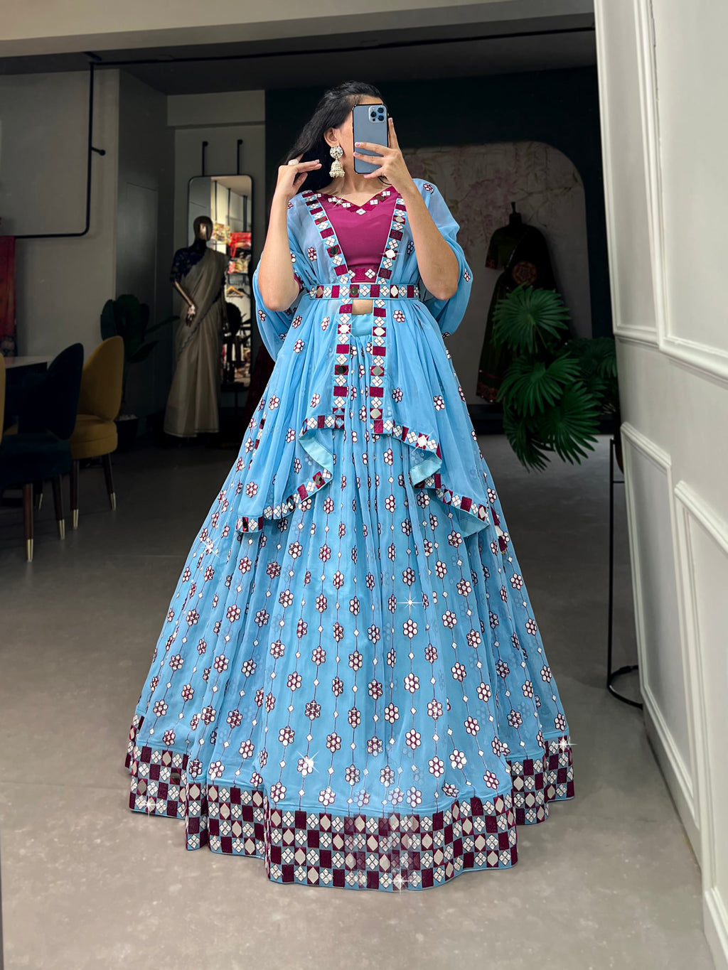 Lorenvalley Sky Blue Georgette Sequins and embroidery With Mirror Work Lehenga Choli with Dupatta | Grocsy