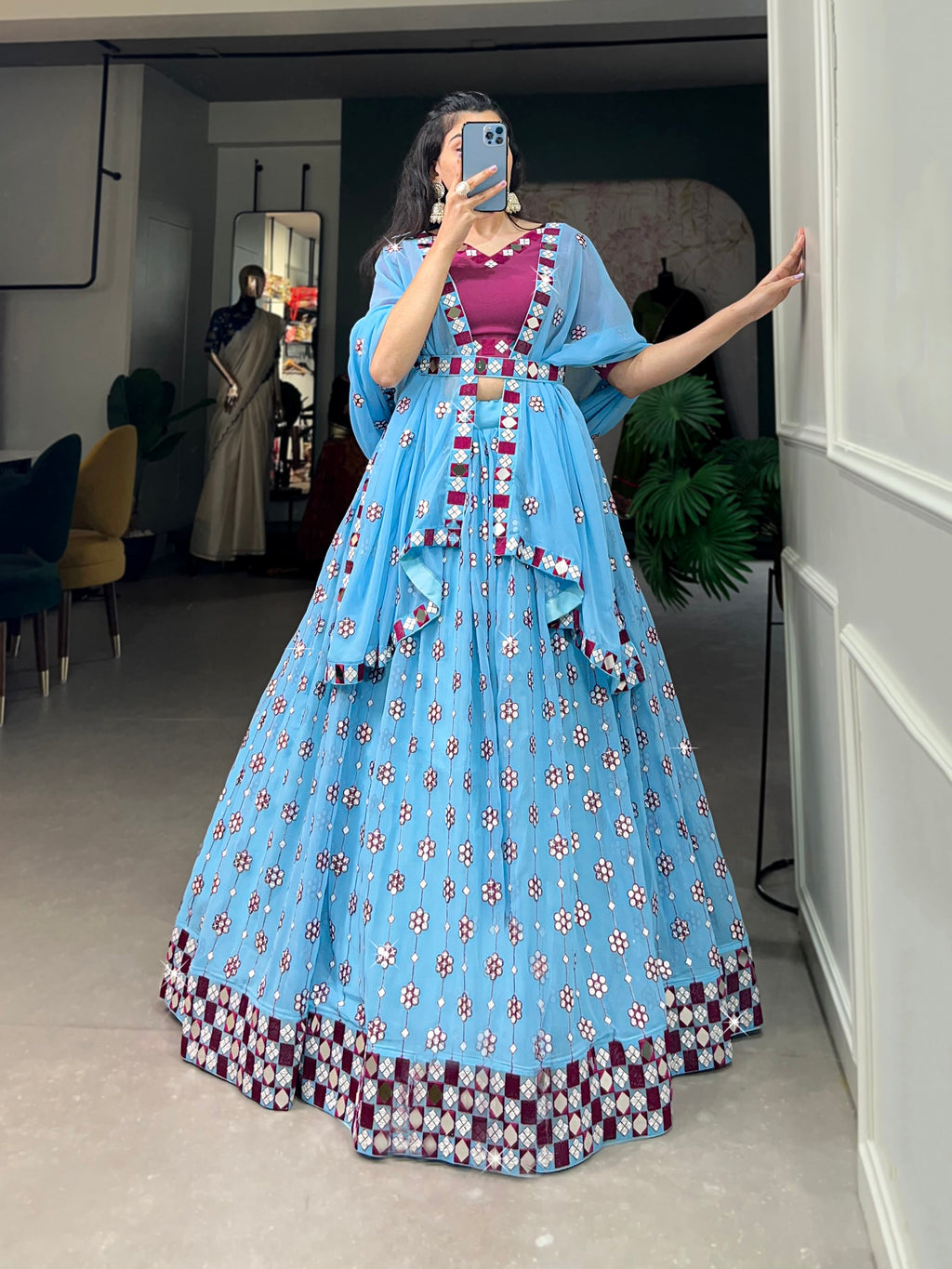 Lorenvalley Sky Blue Georgette Sequins and embroidery With Mirror Work Lehenga Choli with Dupatta | Grocsy