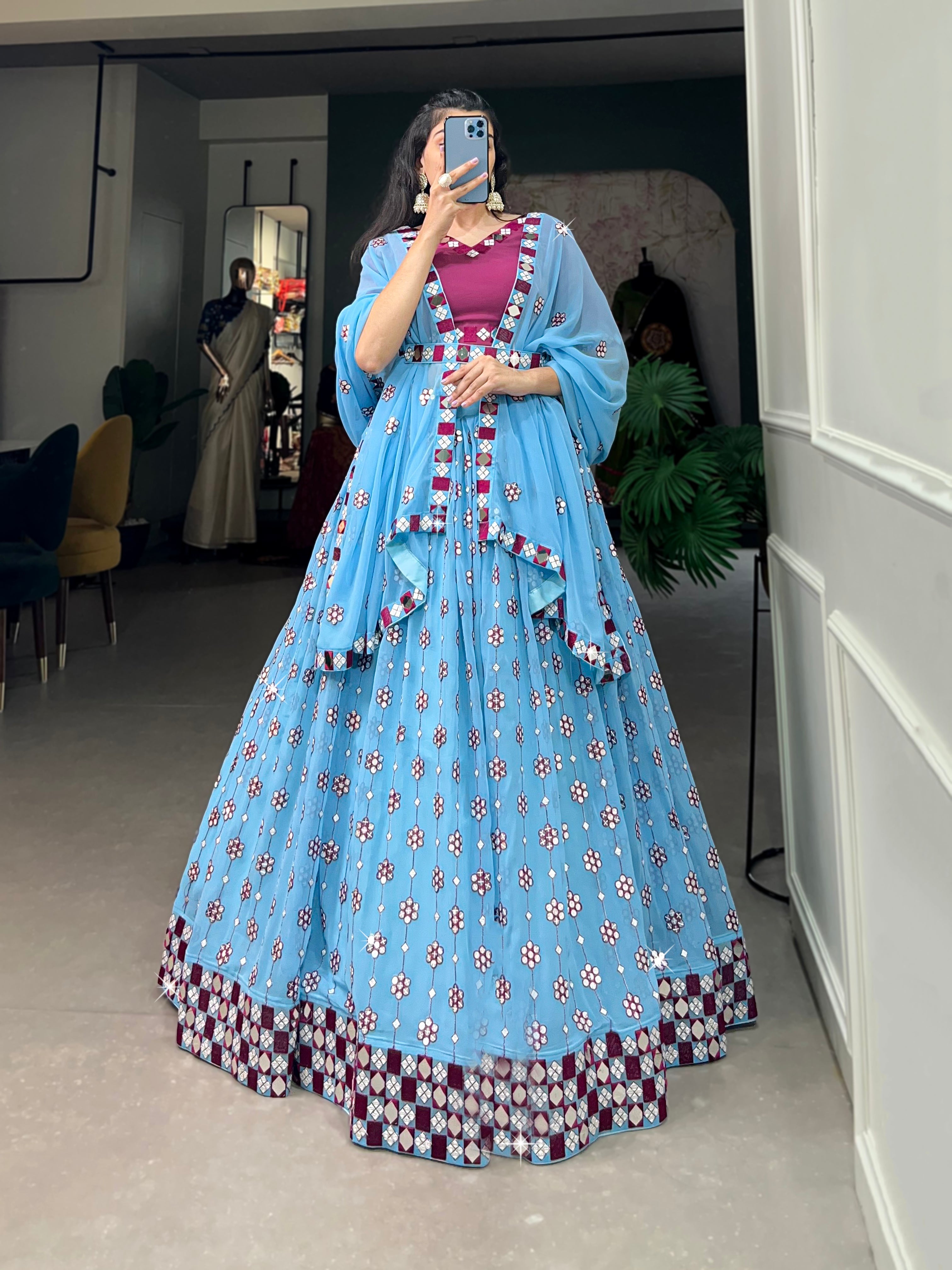 Lorenvalley Sky Blue Georgette Sequins and embroidery With Mirror Work Lehenga Choli with Dupatta | Grocsy