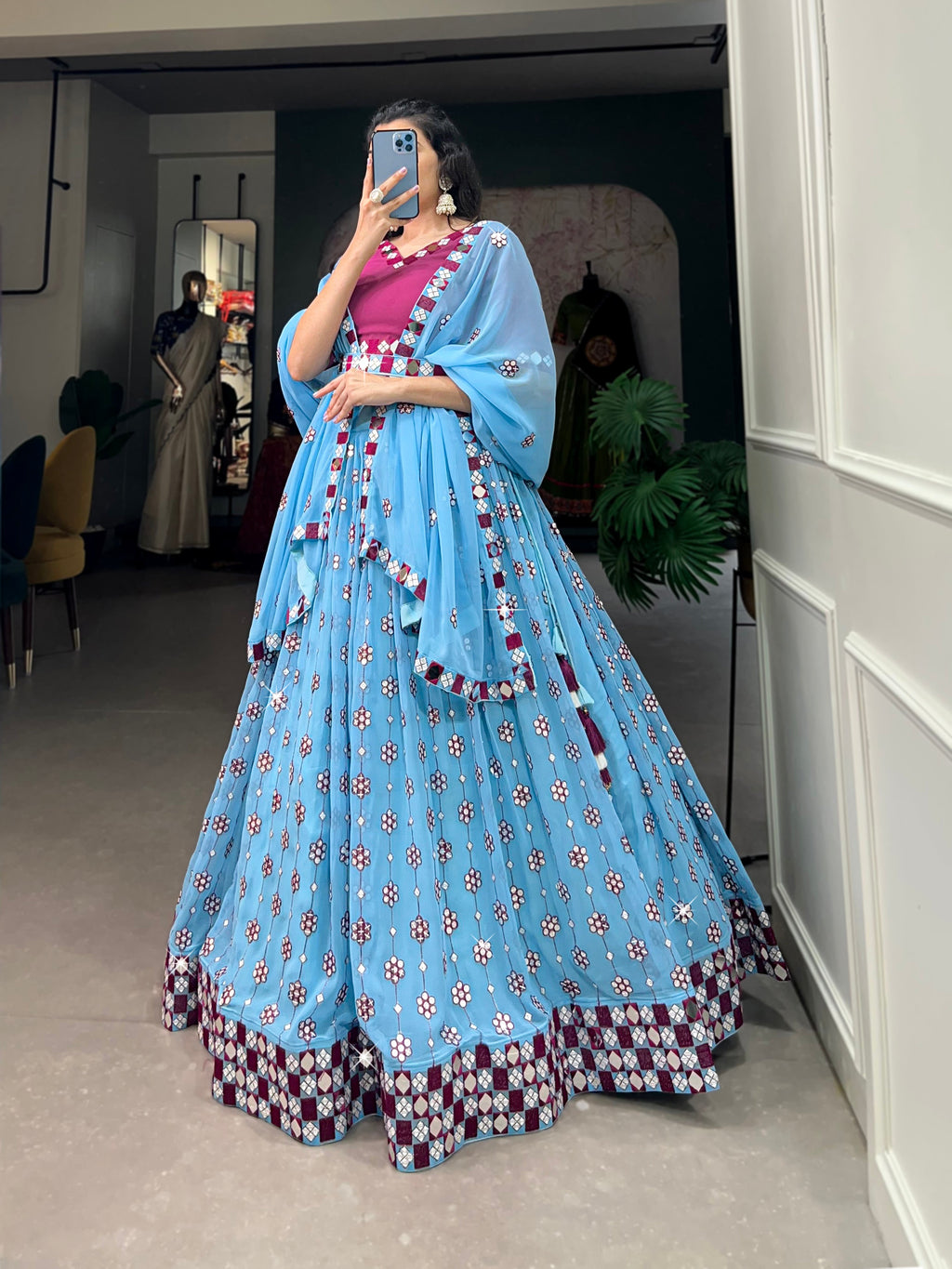 Lorenvalley Sky Blue Georgette Sequins and embroidery With Mirror Work Lehenga Choli with Dupatta | Grocsy