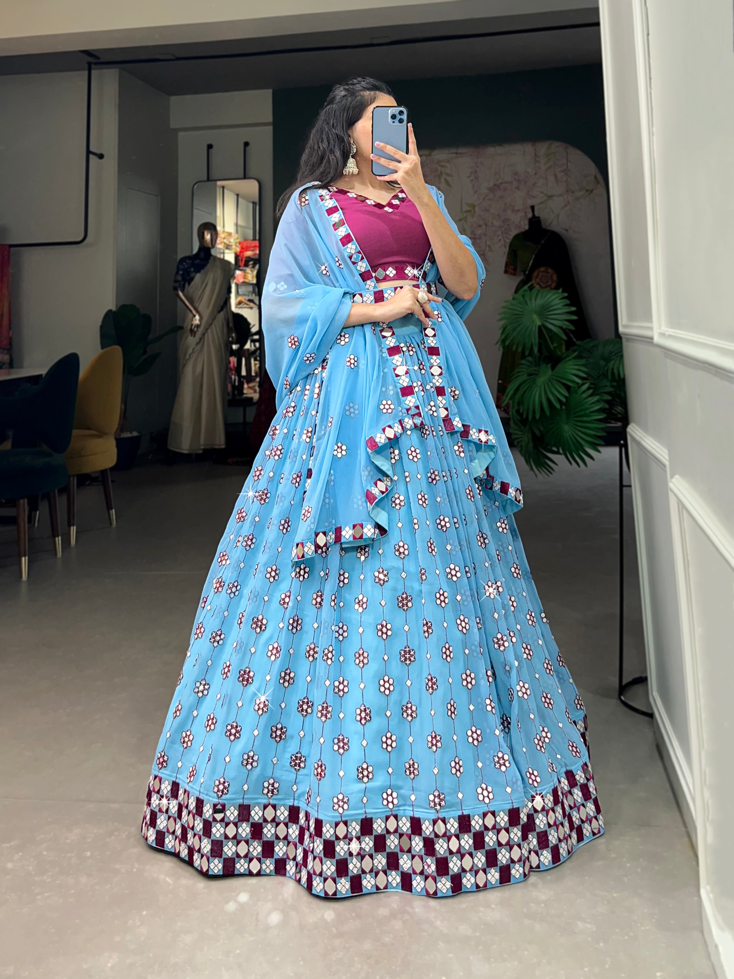 Lorenvalley Sky Blue Georgette Sequins and embroidery With Mirror Work Lehenga Choli with Dupatta | Grocsy