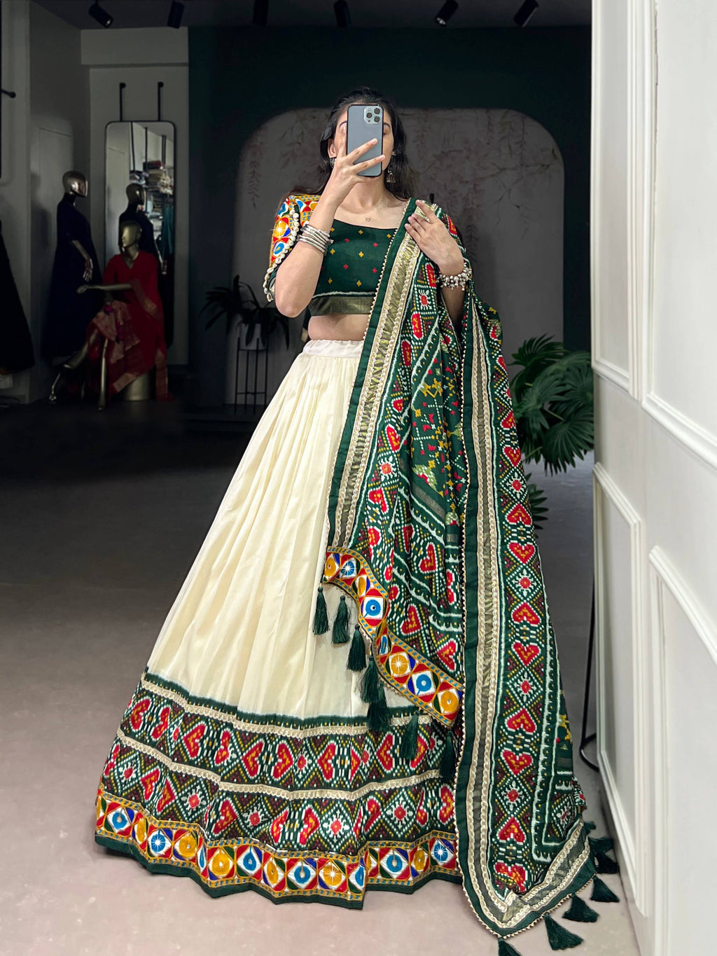 Lorenvalley Fashion Offwhite Tasar Silk Patola Print With Foil Work And Real Mirror Gamthi Work With Lace Touch Up Lehenga Choli with Dupatta | Grocsy