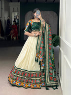 Lorenvalley Fashion Offwhite Tasar Silk Patola Print With Foil Work And Real Mirror Gamthi Work With Lace Touch Up Lehenga Choli with Dupatta | Grocsy